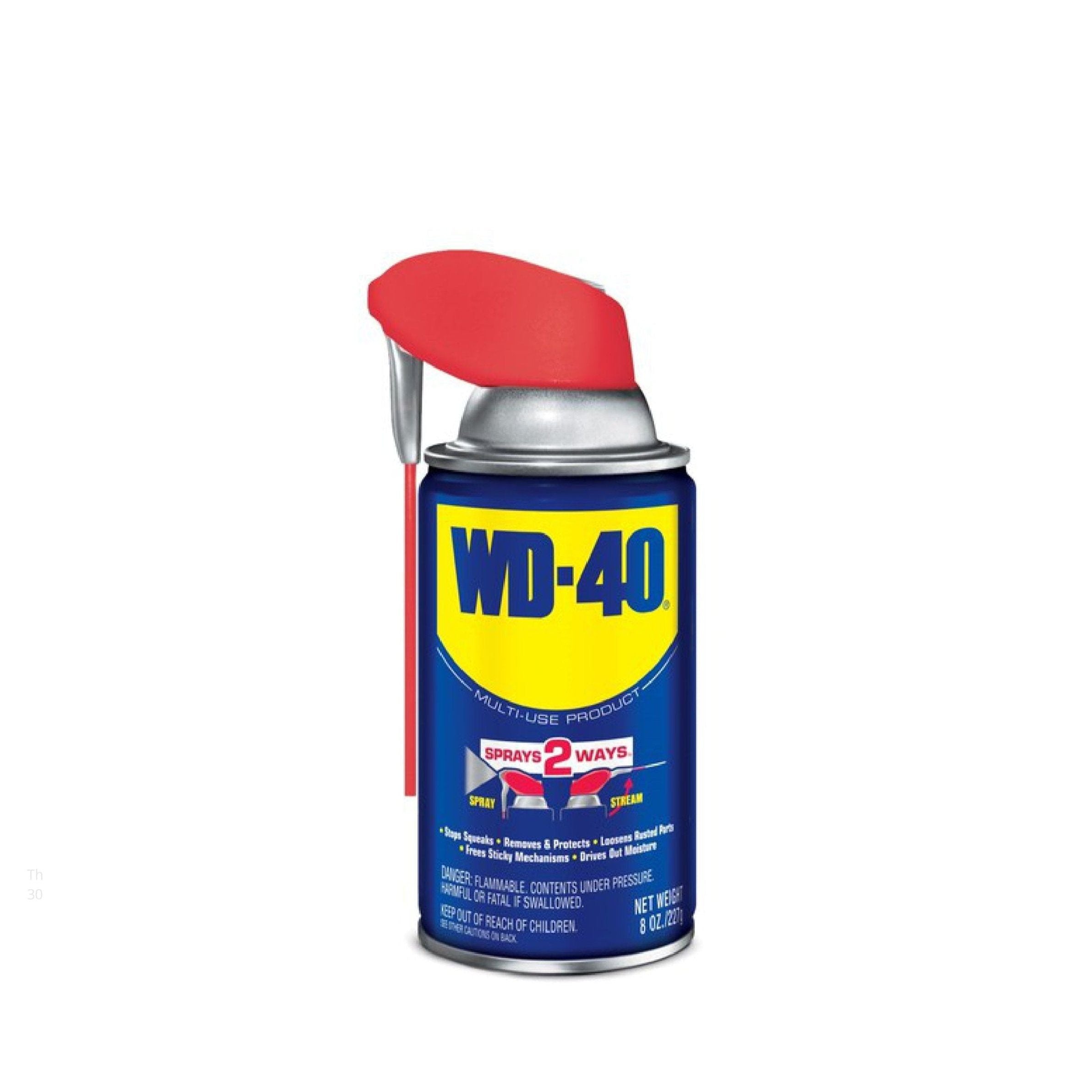The WD-40 490026 8 oz. Multi-Purpose Lubricant Spray features a red adjustable Smart Straw nozzle with Spray 2 Ways for dual spray functionality. The blue and yellow can displays product information.